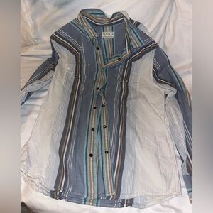 Tecovas Blue and Brown Striped pearl snap Shirt